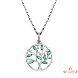 Collier pendentif Arbre de Vie avec feuilles vert émeraude - Carla Nogueres, garanti 2 ans.