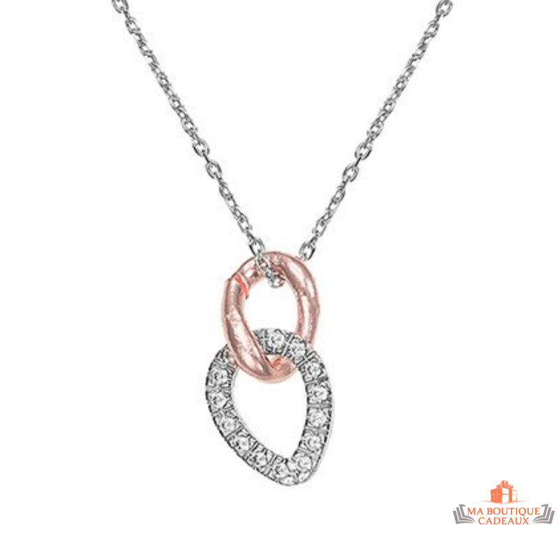 Collier pendentif Deux Anneaux Enlacés en argent rosé 925/°° et zirconium - Carla Nogueres, garanti 2 ans.