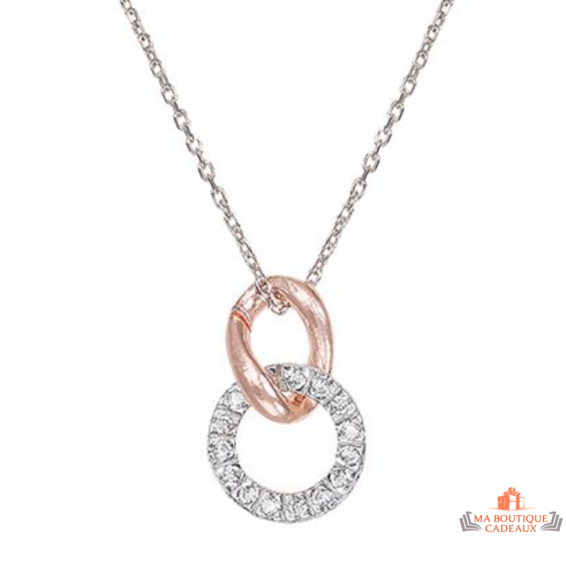 Collier pendentif Deux Anneaux Enlacés en argent rosé 925/°° et zirconium - Carla Nogueres, garanti 2 ans.