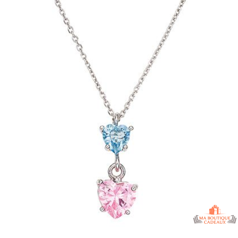 Collier pendentif Deux Cœurs en oxyde de zirconium bleu aqua et rose - Carla Nogueres, garanti 2 ans.