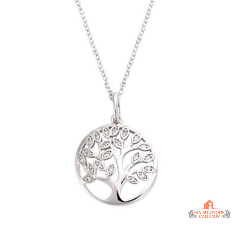 Collier pendentif Arbre de Vie avec feuilles en zirconium - Carla Nogueres, garanti 2 ans.