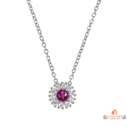 Collier pendentif Soleil en argent 925/°° avec centre fuchsia en zirconium - Carla Nogueres, garanti 2 ans.