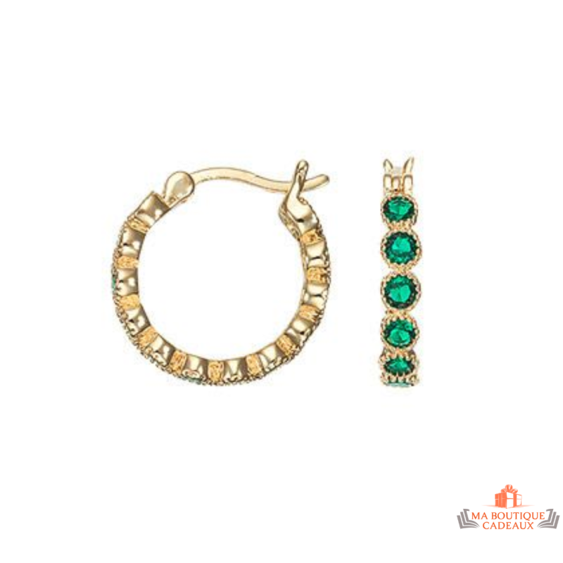 Boucles d'oreilles Anneau 16mm en plaqué or avec pierres vertes en zirconium - Carla Nogueres, garanti 2 ans.