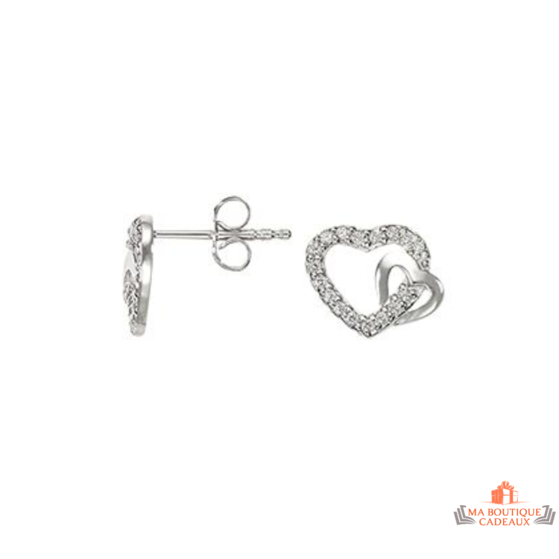 Boucles d'oreilles Deux Cœurs Enlacés en argent 925/°° avec zirconium - Carla Nogueres, garanti 2 ans.