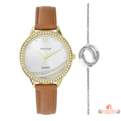 Montre Femme Inotime avec Bracelet Synthétique Marron et Bijou - Garantie 2 ans