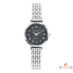 Montre Femme Inotime avec bracelet métal argenté, cadran noir, chiffres romains, et garantie 2 ans