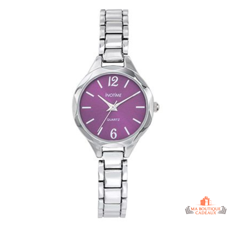 Montre Femme Inotime avec bracelet métal argenté, cadran violet moyen, et garantie 2 ans