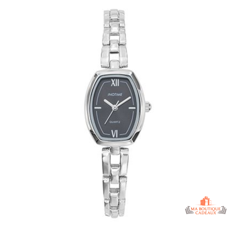 Montre Femme Inotime avec bracelet métal argenté, cadran noir, et garantie 2 ans