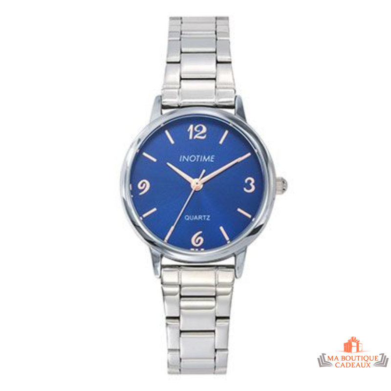 Montre Femme Inotime avec bracelet métal argenté, cadran bleu foncé, et garantie 2 ans