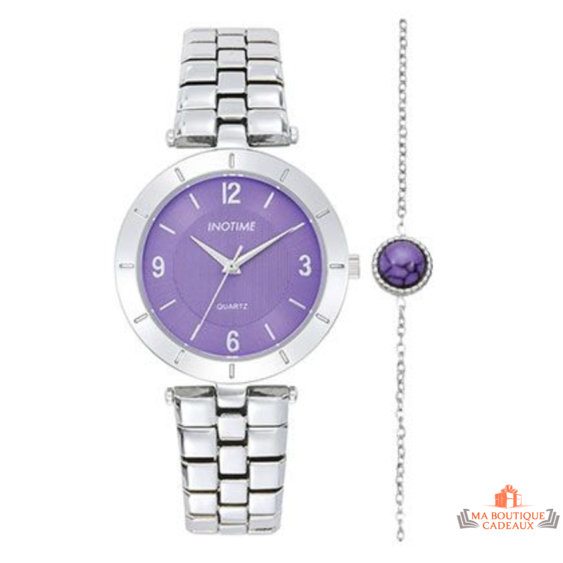 Montre Femme Inotime avec bracelet en métal argenté, cadran violet, et garantie 2 ans