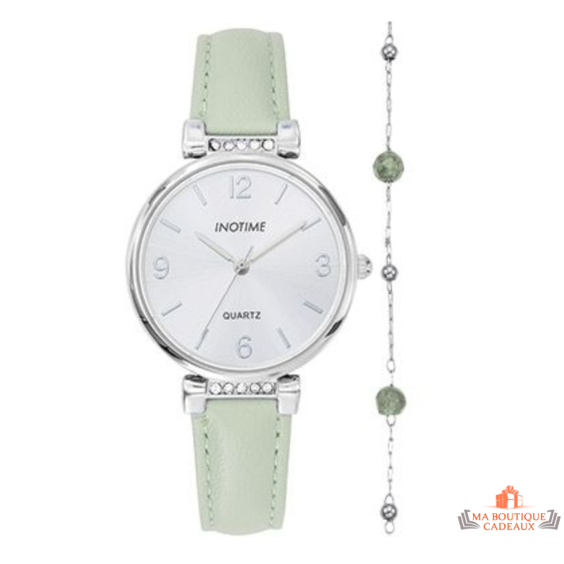 Montre Femme Inotime avec bracelet synthétique vert, cadran argenté, et garantie 2 ans