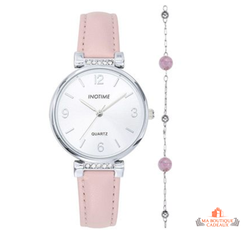 Montre Femme Inotime avec bracelet synthétique rose, cadran argenté, et garantie 2 ans