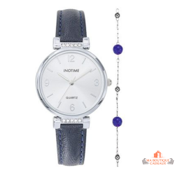 Montre Femme Inotime avec bracelet synthétique bleu, cadran argenté, et garantie 2 ans