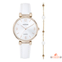 Montre Femme Inotime avec bracelet synthétique blanc, cadran argenté et doré rose, et garantie 2 ans