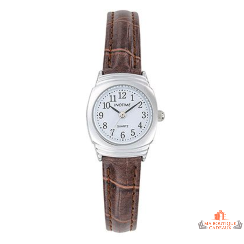 Montre Femme Inotime avec bracelet synthétique marron moyen, cadran blanc, et garantie 2 ans