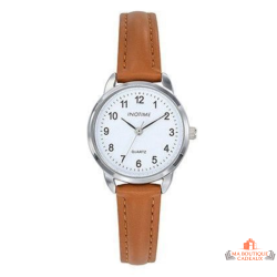 Montre Femme Inotime avec bracelet synthétique marron clair, cadran blanc, et garantie 2 ans