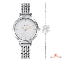 Montre Femme Inotime en métal argenté avec cadran blanc décoré et bracelet trèfle, garantie 2 ans