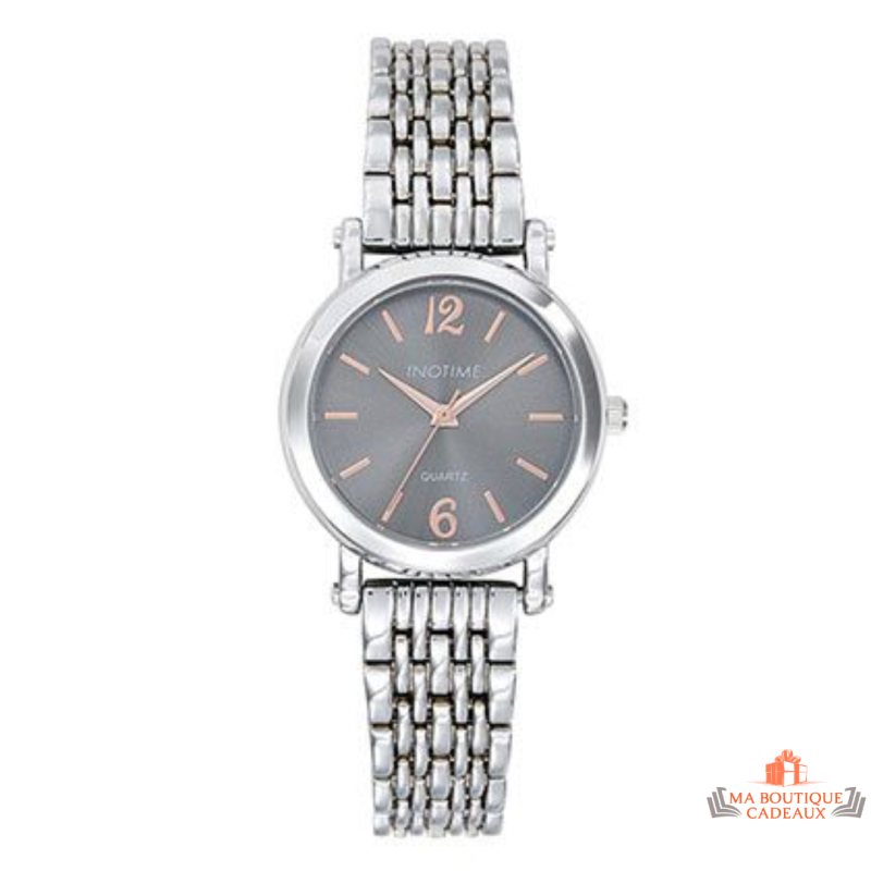 Montre Femme Inotime avec bracelet en métal chromé, cadran gris et détails doré rose, garantie 2 ans.