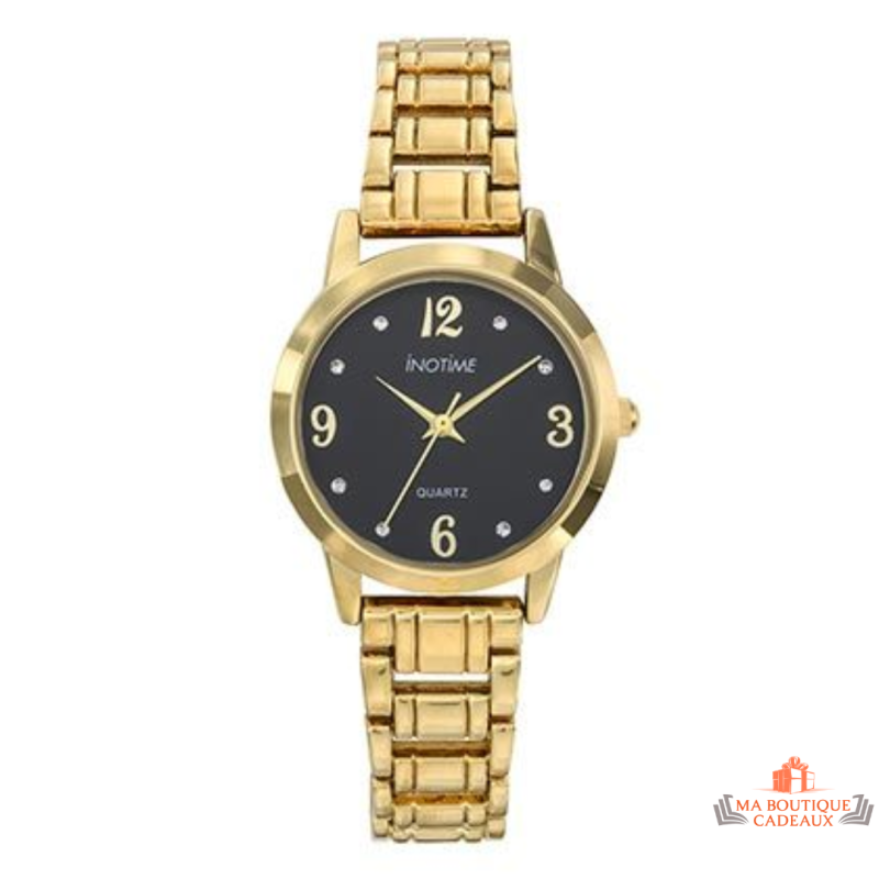 Montre femme Inotime avec bracelet en métal doré et cadran noir - Garantie 2 ans