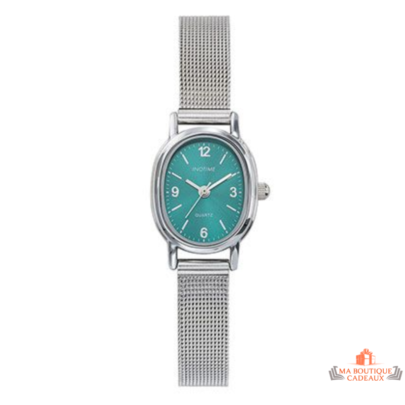 Montre femme Inotime avec bracelet milanais en métal argenté, cadran vert moyen - Garantie 2 ans