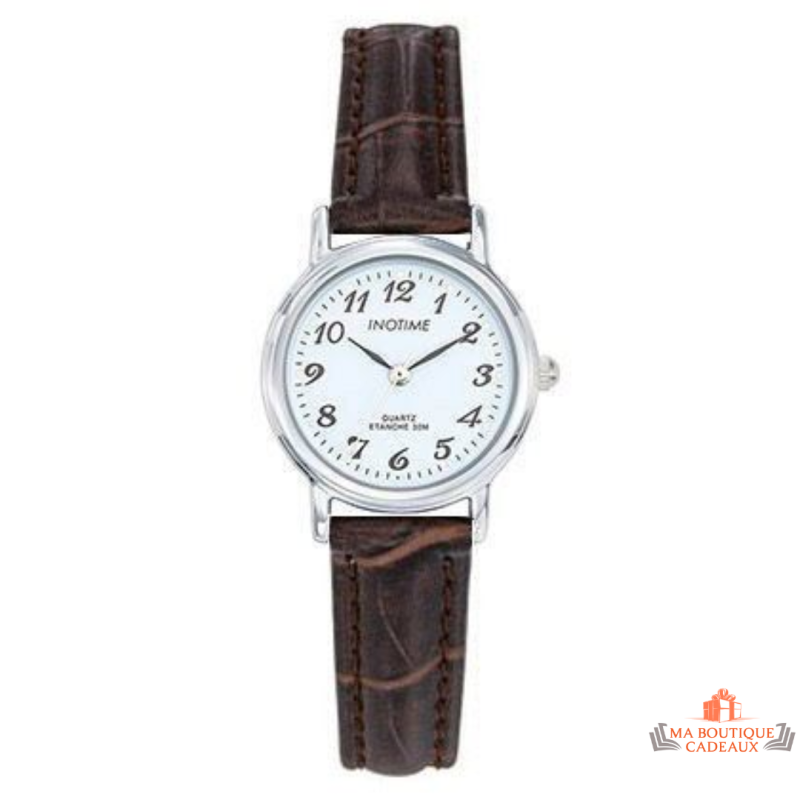 Montre femme Inotime avec bracelet synthétique marron moyen, cadran blanc - Garantie 2 ans