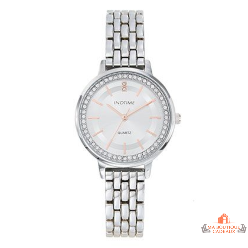 Montre femme Inotime avec bracelet en métal argenté, cadran argenté et détails doré rose - Garantie 2 ans