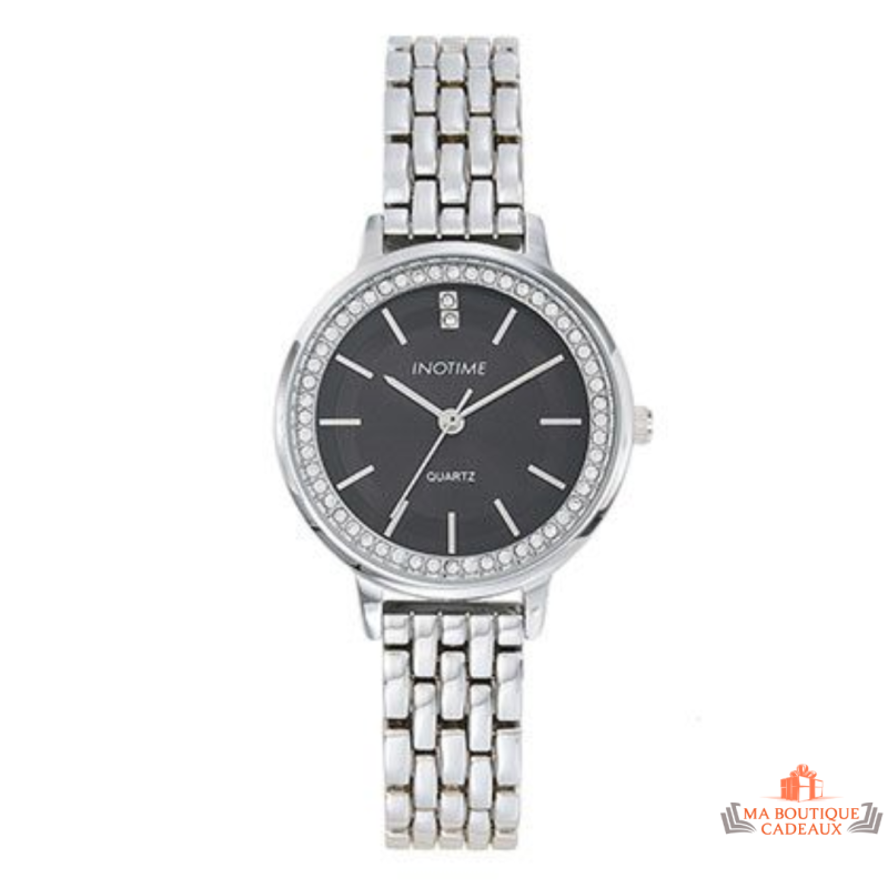 Montre femme Inotime avec bracelet en métal argenté et cadran noir - Garantie 2 ans