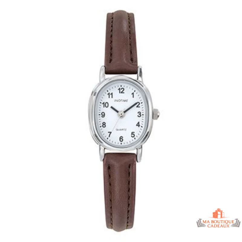 Montre femme Inotime avec bracelet synthétique marron et cadran blanc - Garantie 2 ans