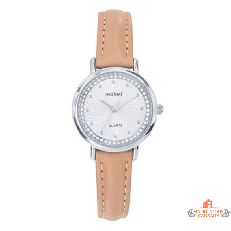 Montre femme Inotime avec bracelet synthétique beige et cadran argenté - Garantie 2 ans