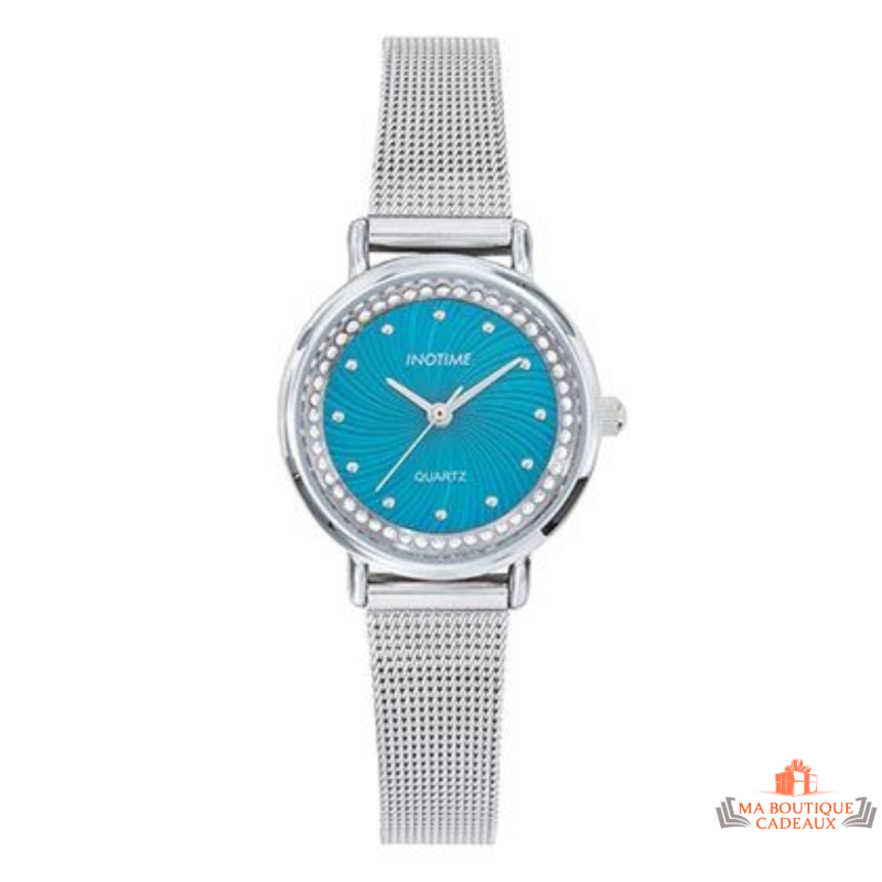 Montre femme Inotime avec bracelet en métal milanais argenté, cadran bleu moyen - Garantie 2 ans