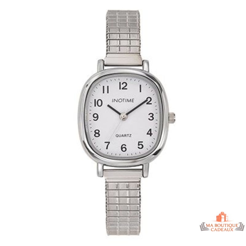 Montre femme Inotime avec bracelet en métal argenté extensible et cadran blanc - Garantie 2 ans