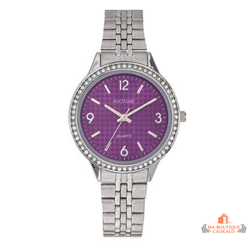 Montre femme Inotime avec bracelet en métal argenté et cadran violet foncé - Garantie 2 ans