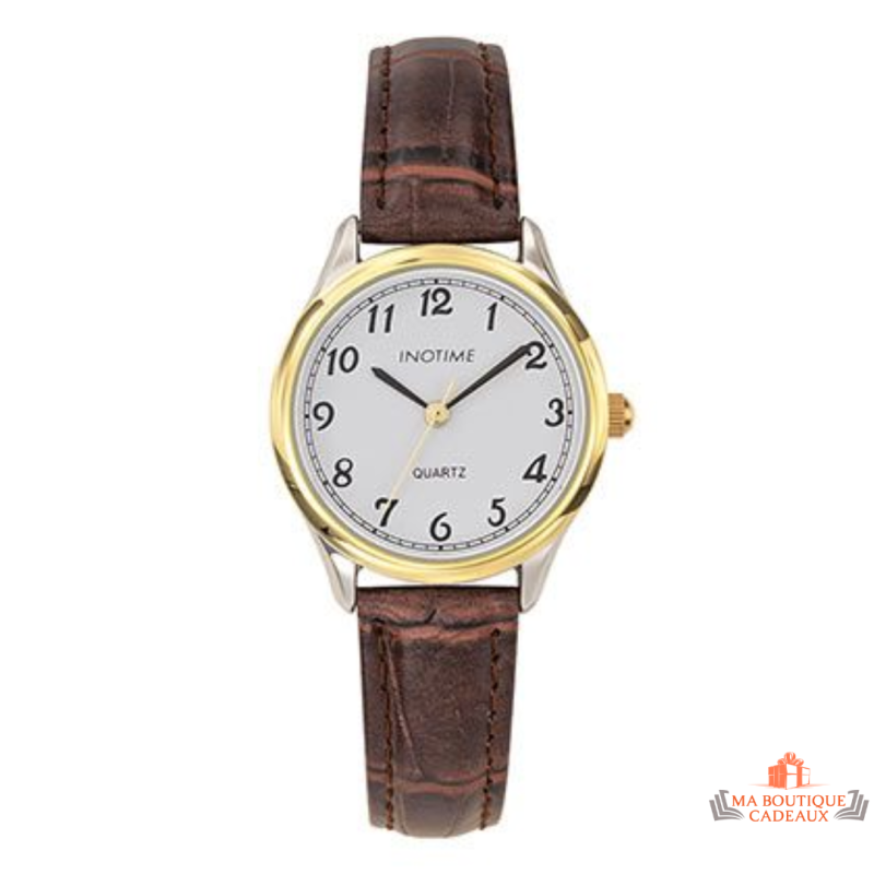 Montre femme Inotime avec bracelet synthétique marron moyen et cadran blanc - Garantie 2 ans