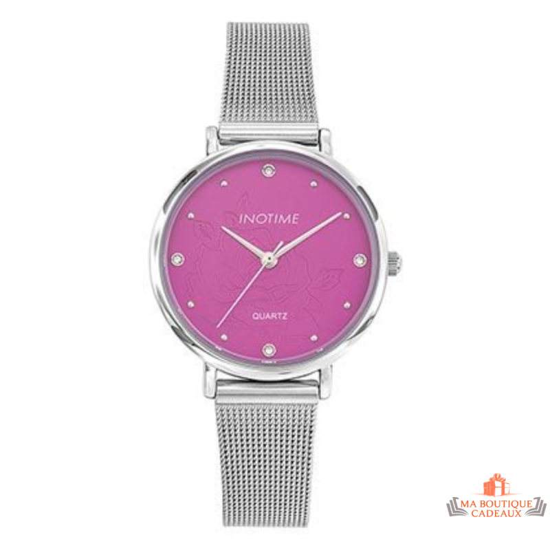 Montre femme Inotime avec bracelet métal chromé et cadran violet foncé - Garantie 2 ans