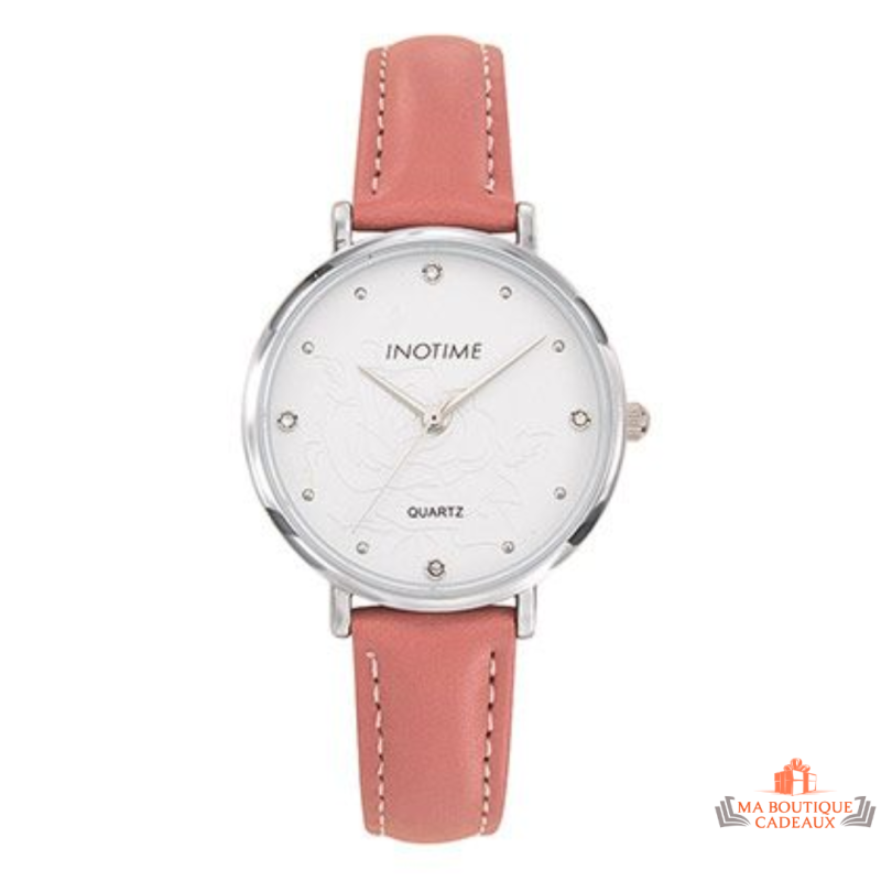 Montre femme Inotime avec bracelet synthétique rose et cadran argenté - Garantie 2 ans