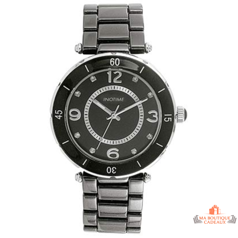 Montre femme Inotime avec bracelet en métal noir et cadran incrusté de cristaux - Garantie 2 ans