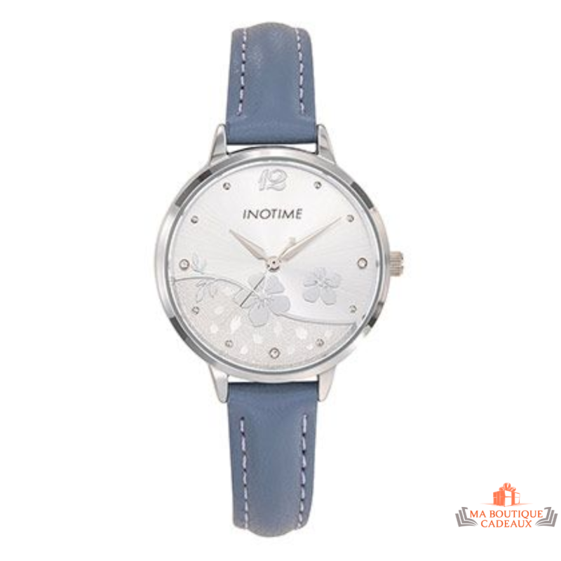 Montre femme Inotime avec bracelet synthétique bleu moyen, cadran argenté et garantie 2 ans.