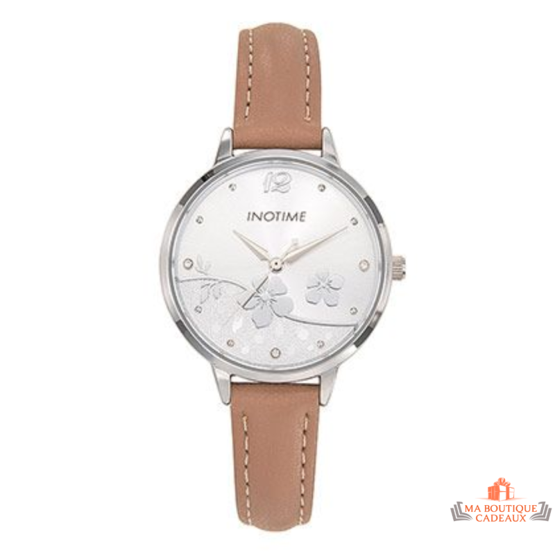 Montre femme Inotime avec bracelet synthétique beige, cadran argenté et garantie 2 ans.