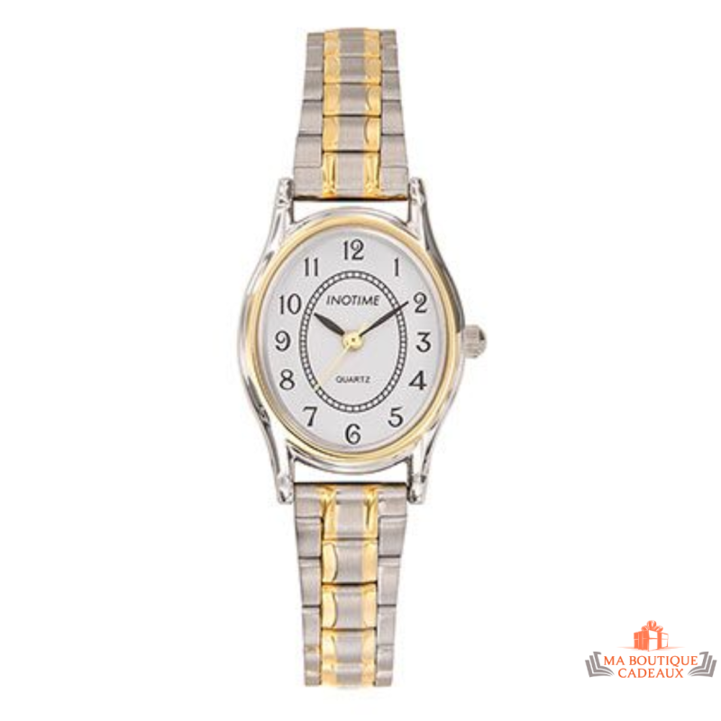 Montre femme Inotime avec bracelet en métal bicolore, cadran blanc et garantie 2 ans.