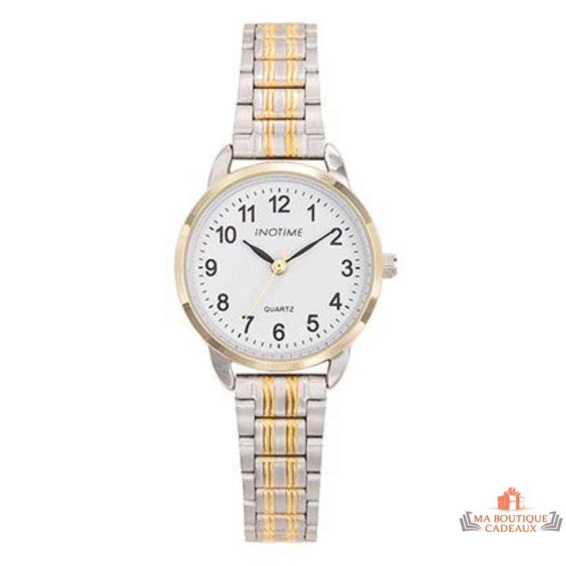 Montre femme Inotime avec bracelet en métal bicolore, cadran blanc et garantie 2 ans.