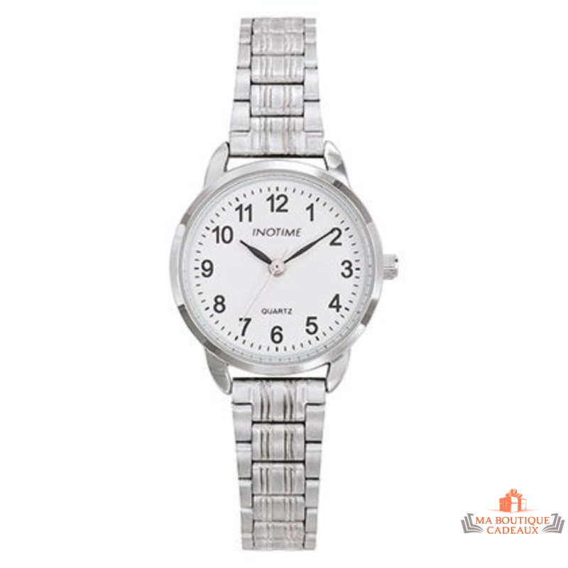 Montre femme Inotime avec bracelet en métal argenté, cadran blanc et garantie 2 ans.