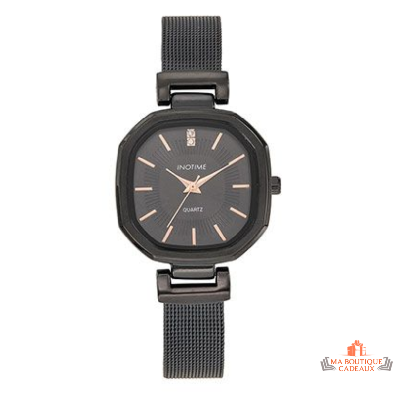 Montre femme Inotime avec bracelet en métal milanais noir, cadran noir et garantie 2 ans.