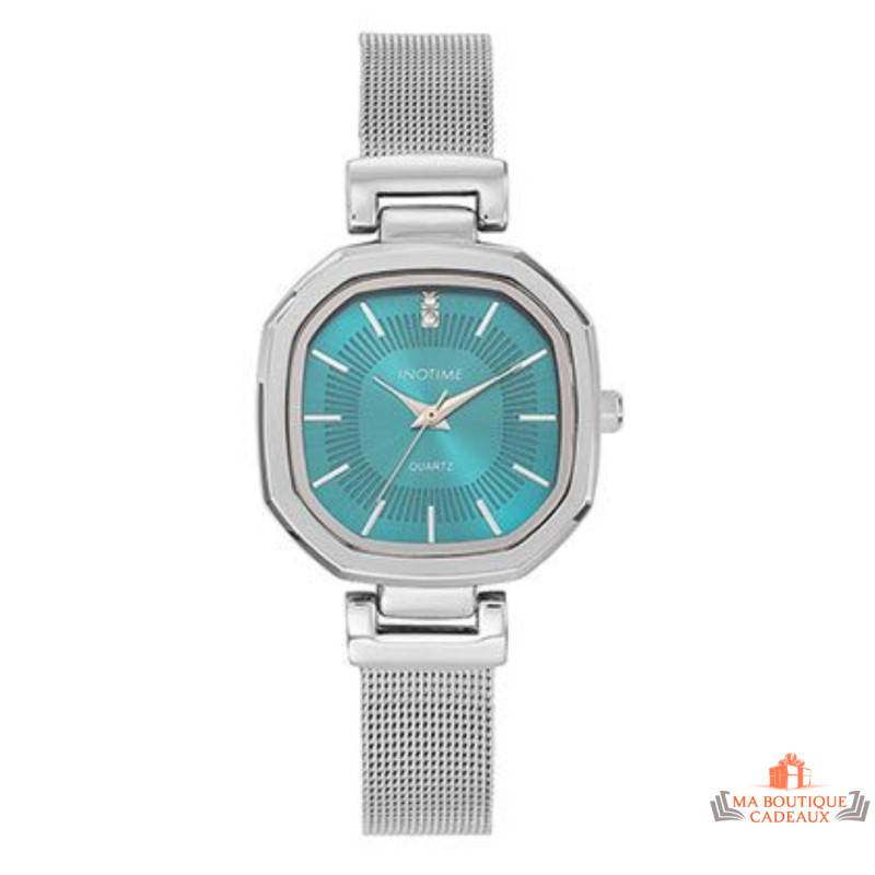 Montre femme Inotime avec bracelet milanais argenté, cadran bleu moyen et garantie 2 ans.