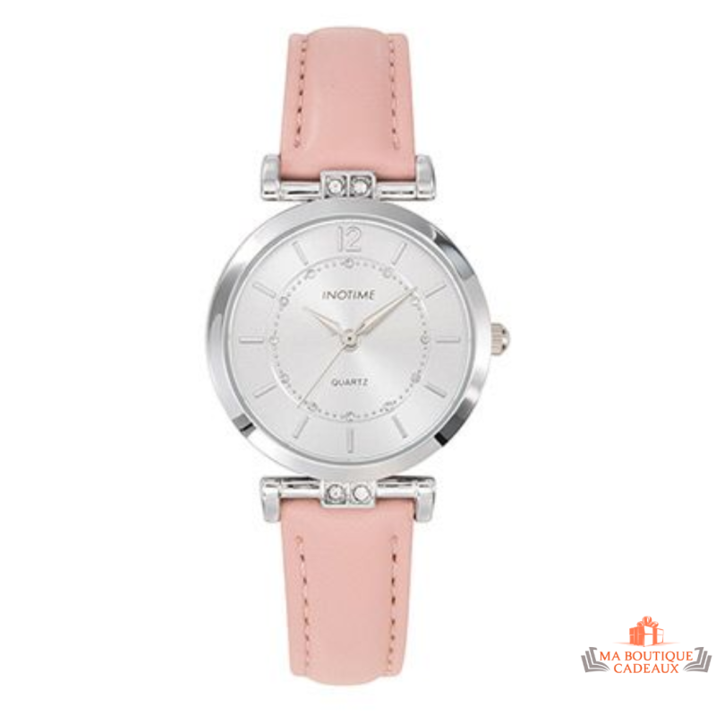 Montre femme Inotime avec bracelet synthétique rose moyen, cadran argenté et garantie 2 ans.