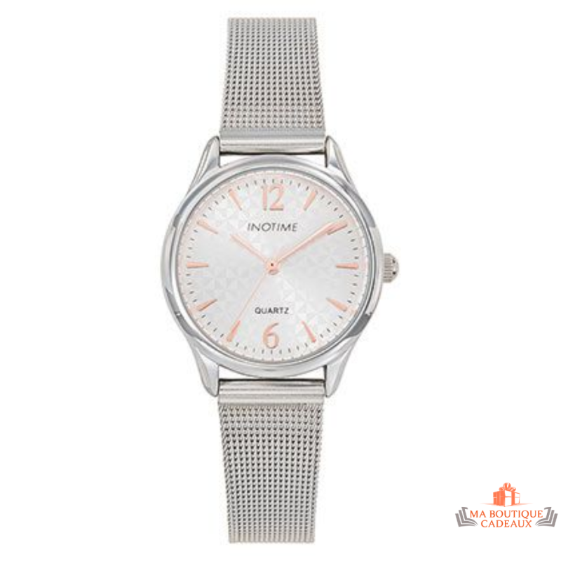 Montre femme Inotime avec bracelet milanais argenté, cadran argenté et garantie 2 ans.