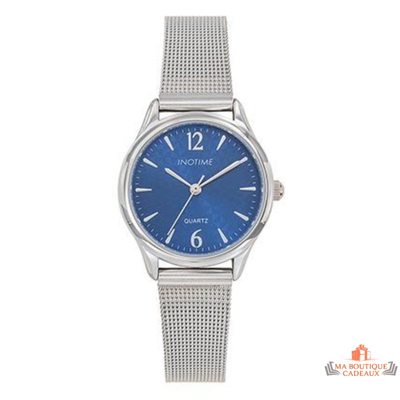 Montre femme Inotime avec bracelet milanais argenté, cadran bleu foncé et garantie 2 ans.