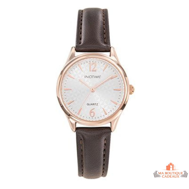 Montre femme Inotime avec bracelet synthétique marron foncé, cadran argenté et garantie 2 ans.