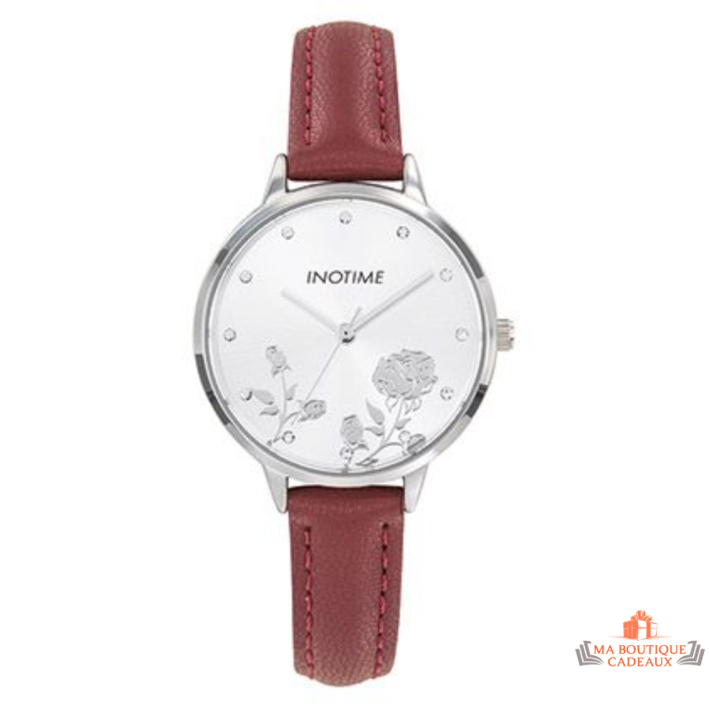 Montre Femme Inotime – Bracelet Synthétique Rouge Foncé, Cadran Floral, Garantie 2 Ans