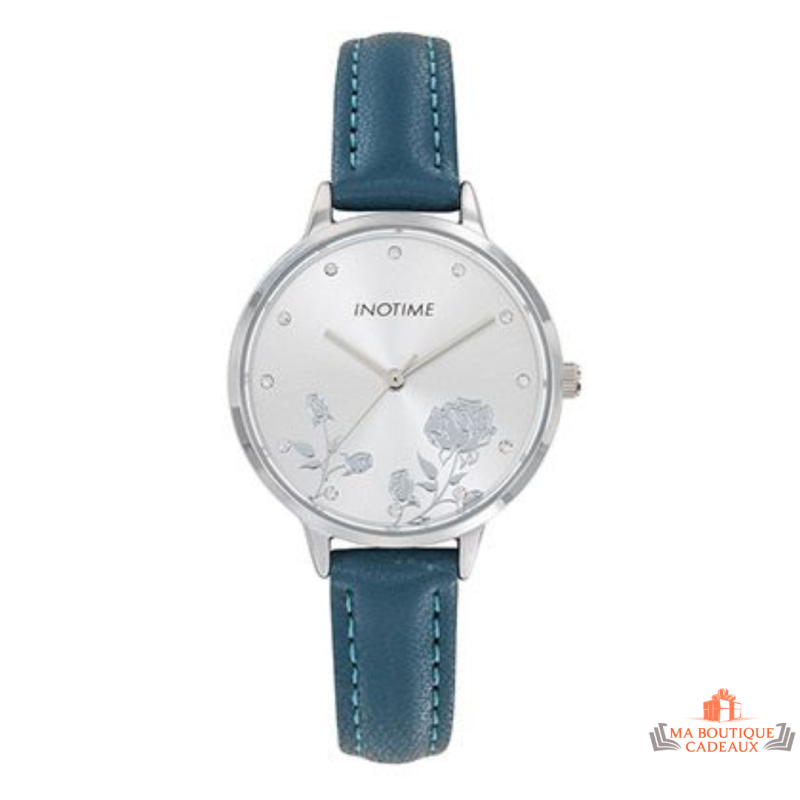 Montre Femme Inotime – Bracelet Synthétique Bleu Vert, Cadran Floral, Garantie 2 Ans