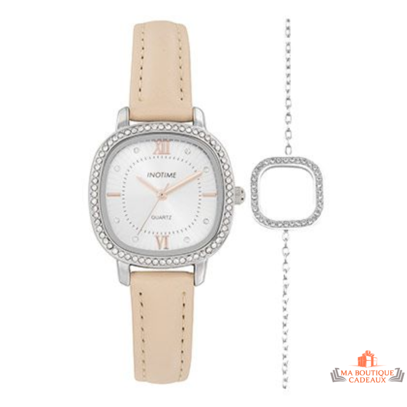 Montre Femme Inotime – Bracelet Synthétique Beige Moyen, Cadran Carré Argenté, Garantie 2 Ans